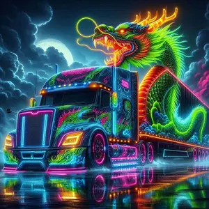 5D DIY Full Drill Round Drill Painting - Diamond Painting Kit Dragon Truck Neon Mosaic Canvas DIY Wall Art, Home Wall Decoration