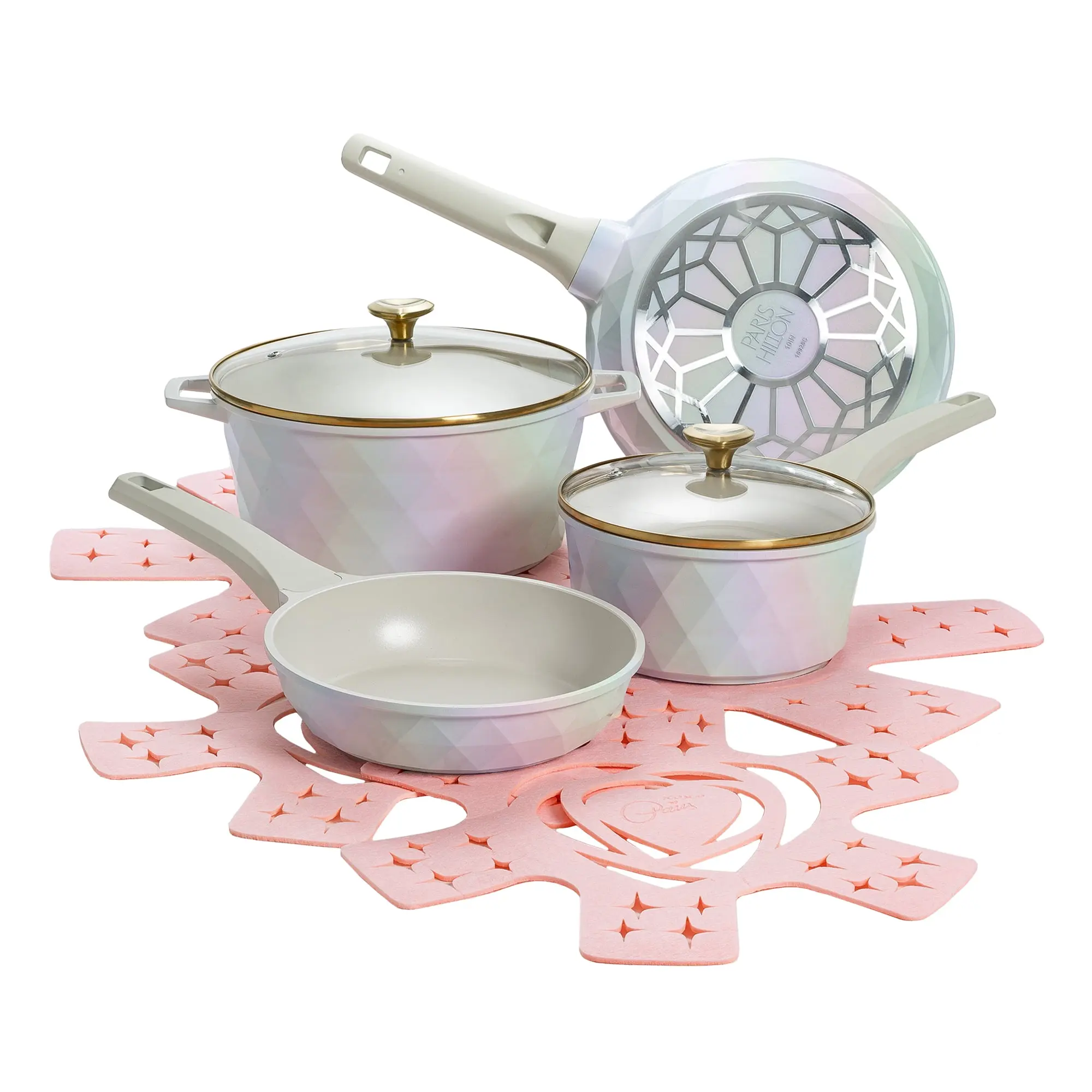 Paris Hilton 10-Piece Ceramic Nonstick Cookware Set with Pots & Pans, Clean Ceramic Coating, White Iridescent Finish