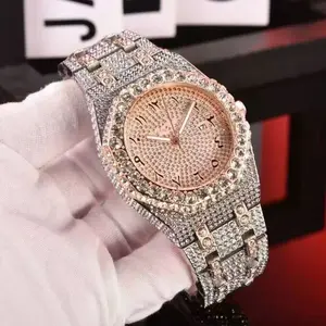 Watch Men Automatic Round Dial Date Display Two Tone Gold Silver Finish Stainless Steel Pave Style Mens Watch Gift for Him Birthday Wedding Anniversary
