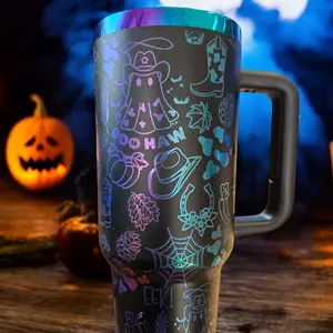 Halloween Country Doodle BooHaw 40oz  Full Wrap Engraved Tumbler with Lid, Handle and with Chroma plated option Drinkware Cup Reusable Water Bottles Portable Mug Bottled Washable