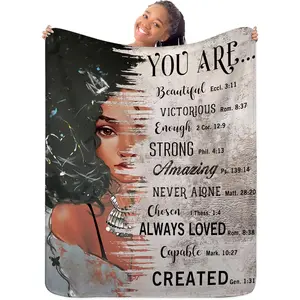 African American Flannel Blanket 50Wx60H Inch Daughter Gift Black Girl Women Quotes Inspirational Motivational Positive Warm Fuzzy Throw Blanket for Sofa Bed Throws Birthday Presents, Printed on One Side with a Plain White Back, Halloween Thanksgiving Chr