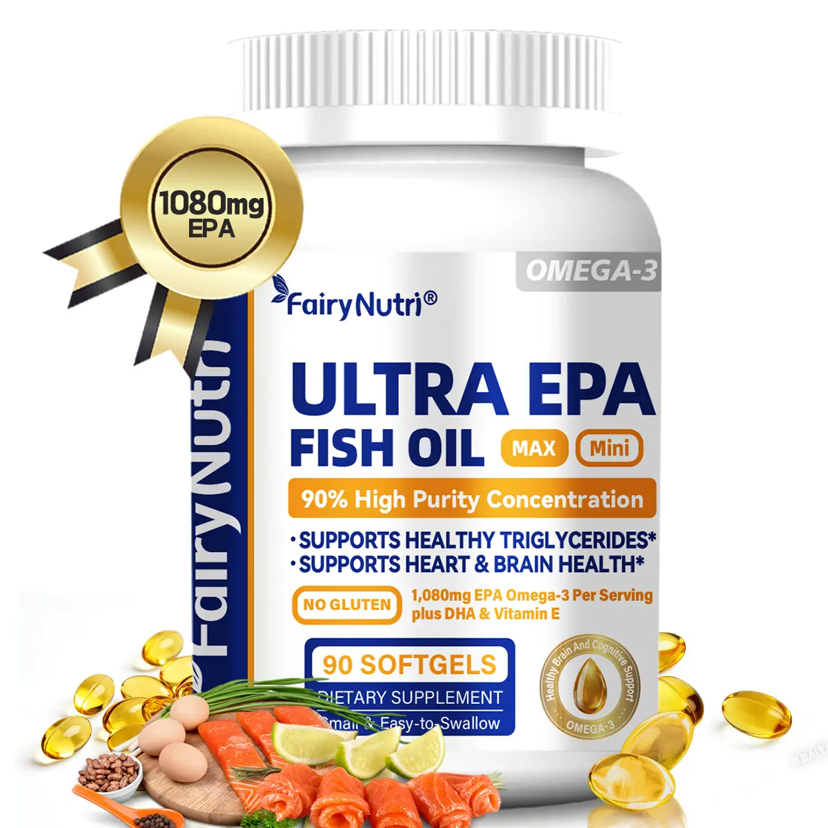 FairyNutri Ultra EPA Fish Oil, 90% High Purity 1080mg EPA Omega-3, Mini Easy-to-Swallow Softgels, Supports Heart & Brain Health & Healthy Triglycerides, Gluten Free, 90 Softgels for Adults