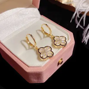 Women Double Sided Clover Stud Earrings with Sparkling Crystals Elegant Ear Cuff Hypoallergenic Fashion Jewelry Gift Idea