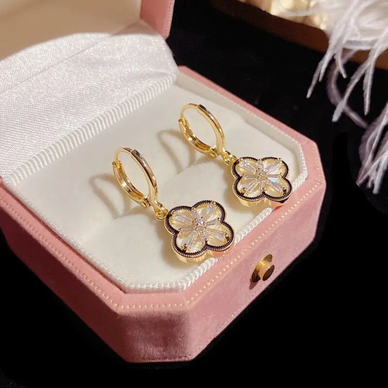 Women's Small Gold Clover Shape Hypoallergenic Earrings Set - Double Sided, Sparkling Crystals, Elegant Ear Cuff, Female Fashion Jewelry Gift Idea, Double Sided Clover, Dainty Earrings, Earring Cuffs