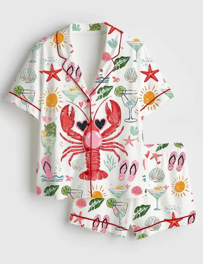 Lobster Satin Pajama Set for Women, Summer Beach Sleepwear, Coastal Lobster Print PJ Set, Bridesmaid Loungewear Gift