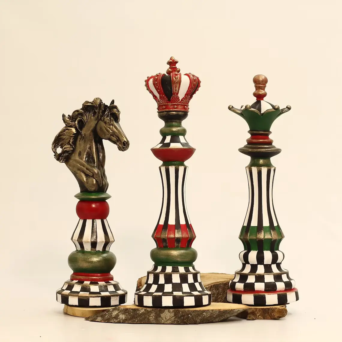 3Pc/set Maximalist Resin Chess Piece Statue | Vintage Whimsical King Queen Knight Table Decor | Checkered Bookshelf Ornament | Eclectic Room Accent & Gift