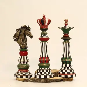 3Pc/set Maximalist Resin Chess Piece Statue | Vintage Whimsical King Queen Knight Table Decor | Checkered Bookshelf Ornament | Eclectic Room Accent & Gift
