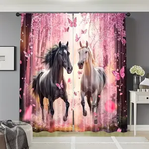 Set of 2 Sakura and Running Horse Curtains, Artistic Decoration Style, Ideal for Hallway, Bedroom, No Rod Needed, Fixed Installation