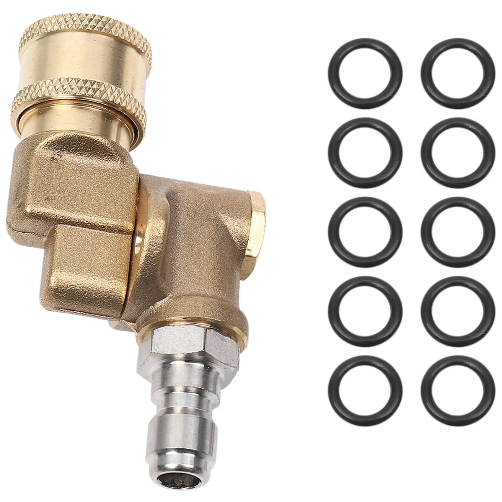 1/4-Inch Quick Connect Pressure Washer Nozzle Pivot Coupler - Brass+Stainless Accessory, 180-Degree Rotation, 5 Angles, Safety Lock, 4500psi Max, 2.5 GPM, for Gutters, Hard Reach Areas, 1 Connector, 10 x Washers