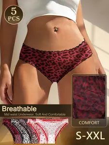 QUASTI Women's Low-Rise Sexy Panties 5-Pcs, Soft Comfy Panties, Leopard Print Underwear, Breathable Mesh Lace Trim, Soft Stretch Comfortable Everyday Low Waist Briefs, Lingerie for Date Night, Gift for Her, Lightweight & Skin-Friendly Fit