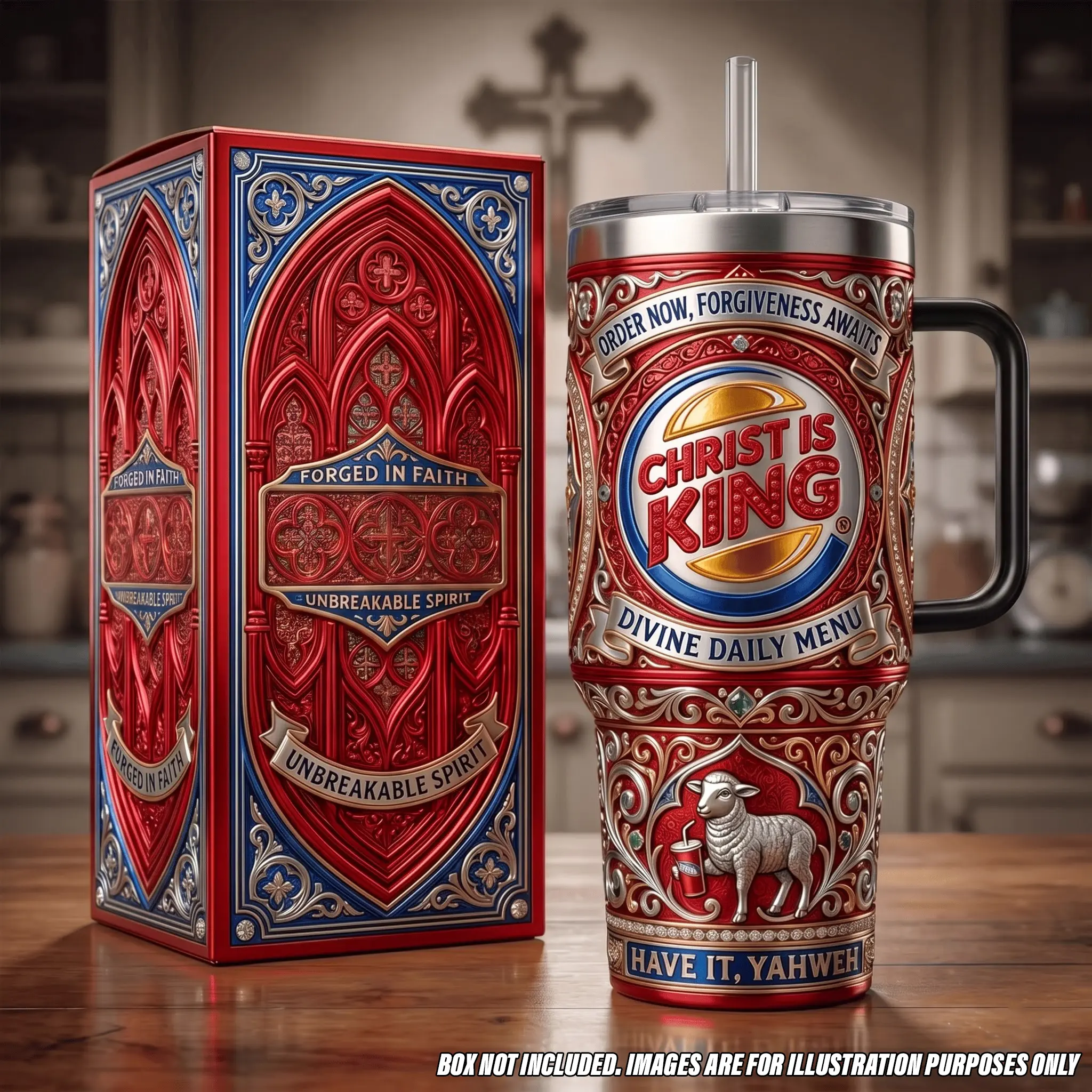 Christ Is King 40oz Tumbler with Handle, Insulated Christian Parody Fast Food Travel Mug Straw, Lamb of God Have It Yahweh Car Cup, Religious Faith Based Stainless Steel Drinkware, Heavy Duty Thermal Coffee Mug Scripture Believer Church Gift