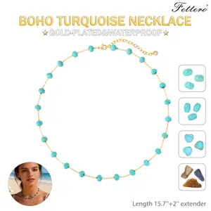 Fettero Gold-Plated Turquoise Beaded Necklace for Women,Adjustable Necklace,Brass Chain Necklace,In Summer Beach Necklaces Boho Necklaces Handmade Western Jewelry Gift for Her DealsForYouDays WeeklyDeals summerwins