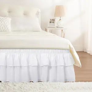 Ruffle Bed Skirt White Queen 14 Inch Drop, Elastic Wrap Around Bed Skirting Queen Size, Easy to Install Dust Ruffle, Machine Washable Soft, Multi Ruffle Bedskirt
