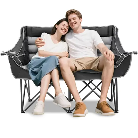 ABORON XXL Oversized 2-Person Padded Foam Folding Loveseat Chair - Oxford Fabric, Heavy-Duty 500 lb Capacity, Moon-Shaped Extra-Wide Double Seat, with Compartment, Portable Camping Furniture for Garden Party, Sporting Events