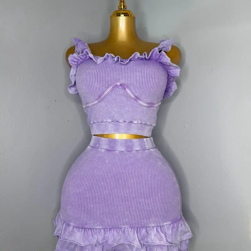 Tropicoqueta Two Piece Set Purple Ruffled Crop Top & Skirt Set for Women