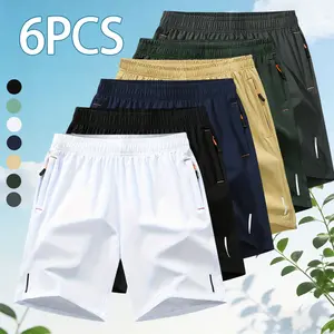 Pack of 6 men’s solid-color drawstring loose shorts sets with pockets fashionable, versatile outdoor casual shorts; menswear; athletic waistband design suitable for everyday wear; breathable cool feel; comfortable running quick-dry stretchy sports  set,