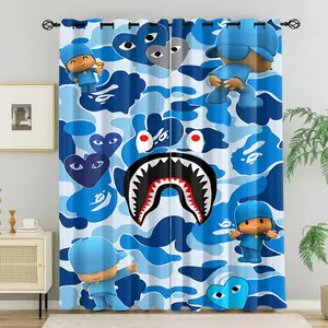 2pcs Cartoon Camo Shark Print Curtains, Pair Opening Decorative Curtains for Teenager'S Bedroom, Adjustable Decorative Curtains With Higher Shading Rate, Sunscreen and Thermal Insulation Grommet Curtains, Healthy And Eco-Friendly.