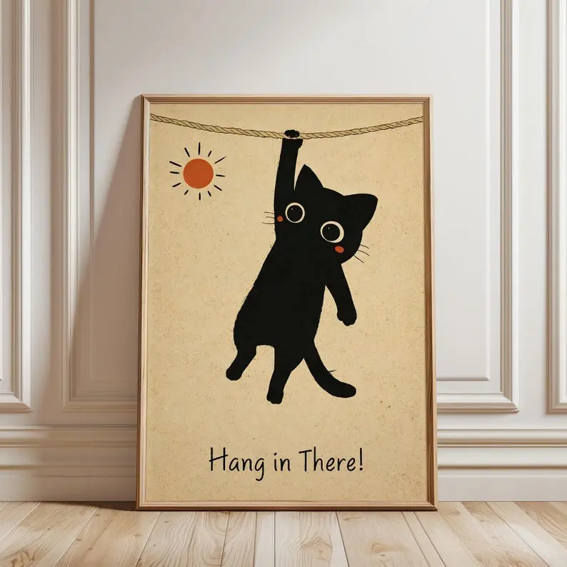 Hang in There Black Cat Poster, Funny Motivational Wall Art, Cute Mid Century Print, Inspirational Office Decor, Cat Lover Gift, Room Decor