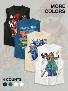 Men's 4-piece streetwear vest, Stylish tank, featuring silk screen prints of hip-hop bear and skateboard patterns, with a loose cut design. Ideal for skateboarding, streetwear | Durable and vibrant prints for trendsetters