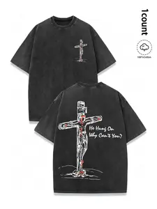 100% Cotton Cross & Faith Over Fear Slogan Print Washed Distressed Short Sleeve Tee, Regular Fit Vintage Trendy Casual Round Neck T-shirt for Daily Wear