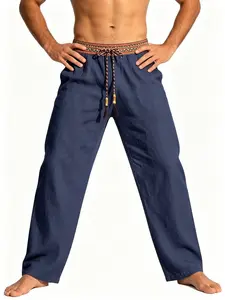 Boho Style Men's Linen Casual Pants, Multi-Color Loose Straight Beach Pants, Breathable Cotton-Linen Long Pants, Slim-Fit Dress Pants