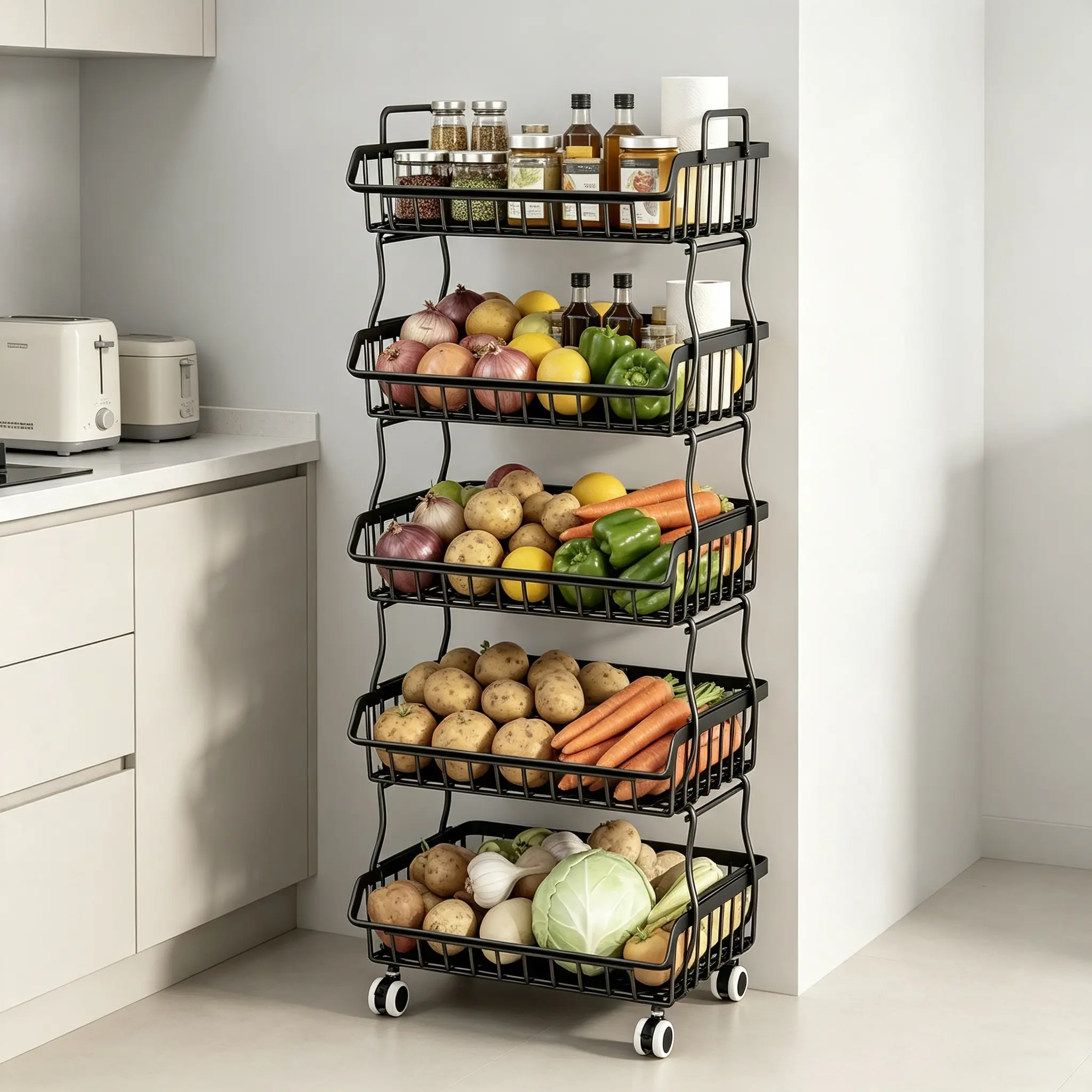 Kitchen Storage Cart with 5 Shelves for Organizing Fruits Vegetables and Condiments in a Compact Design