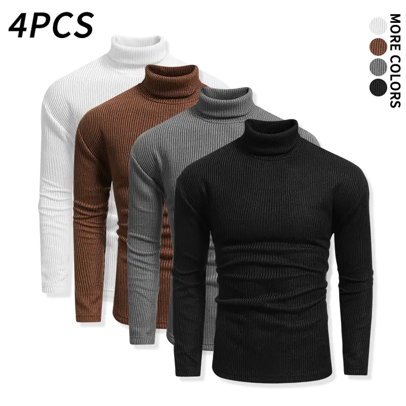 4-pcs men’s high-neck long-sleeve shirts, ribbed knit with vertical texture; soft, warm fabric with good stretch; slim-fit stretchy tops—autumn/winter bestsellers and wardrobe essentials, suitable for layering and simple casual wear.