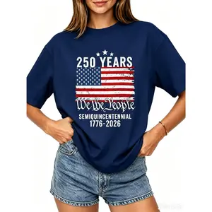 [Independence Day] 100% cotton short-sleeve shirt with the theme of the 250th anniversary of American independence, featuring a constitutional preamble and flag pattern, suitable for everyday wear in spring and summer