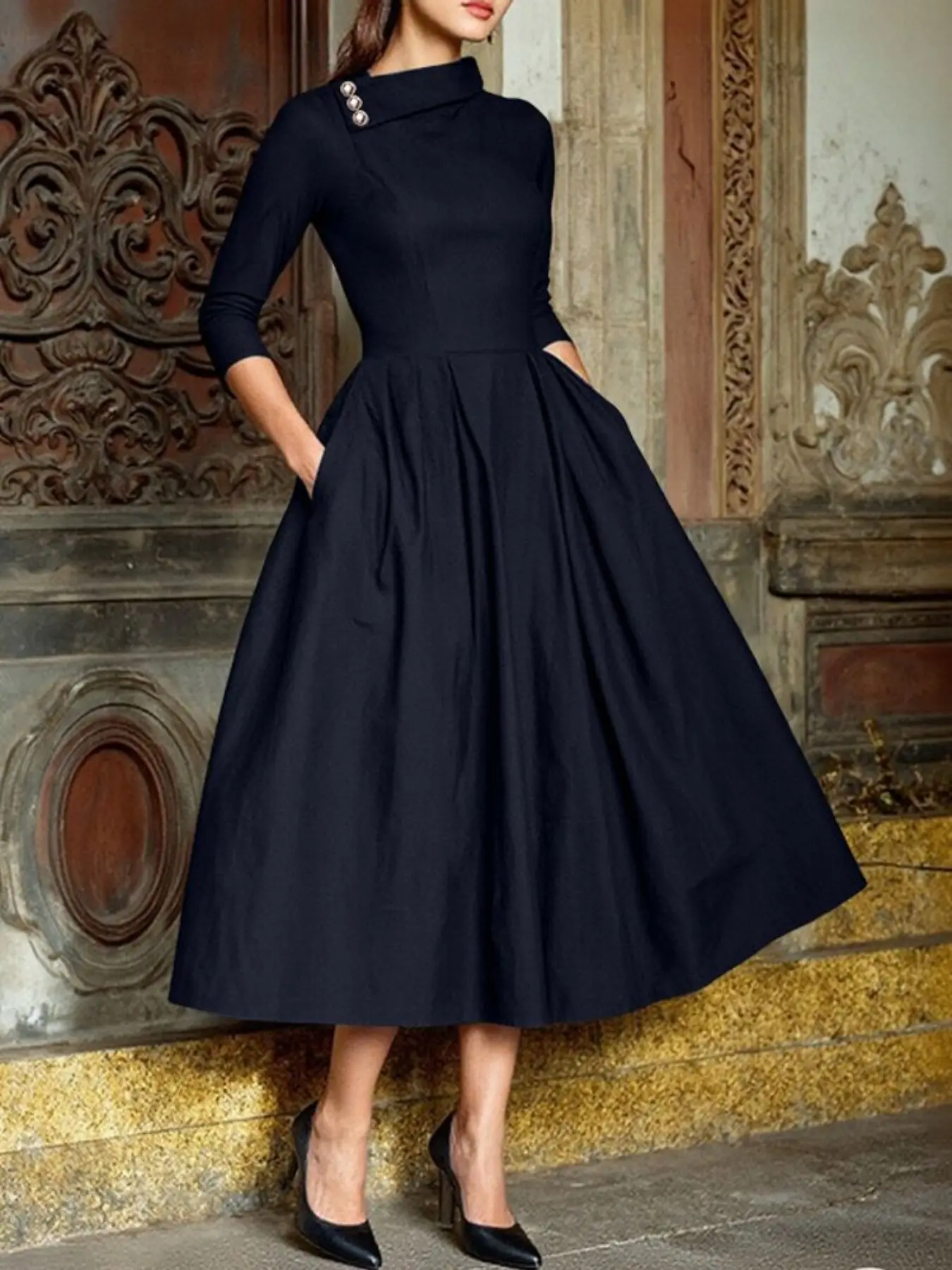 Women's Solid Color Basic Chic Elegant Button Collared Dress, Womenswear, Button Front Long Sleeve A-Line Skirt, Casual Loose Fit with Pockets, All Seasons Wear