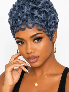 Glue-Free Smog Blue Curly Bob Wig, Comfortable Headband Design, Real Hair Look, Retro Hand-Styled Waves, Perfect for Daily Wear