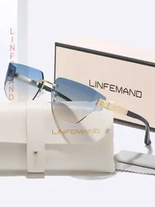 Linfemand Uv400 Frameless Sunglasses, Carved Texture Metal Temple, Lightweight Fashion Unisex Shades, Perfect Holiday Gift