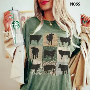 Boho Cow T-Shirt, Comfort Colors Retro Farmhouse Patchwork Cows Tee, Farm Animal Lover Gifts