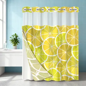 1PC double-layer large ring shower curtain, lemon slice pattern background, shower curtain, high-end quick drying hanging curtain, bathroom, curtain, waterproof, anti mold curtain