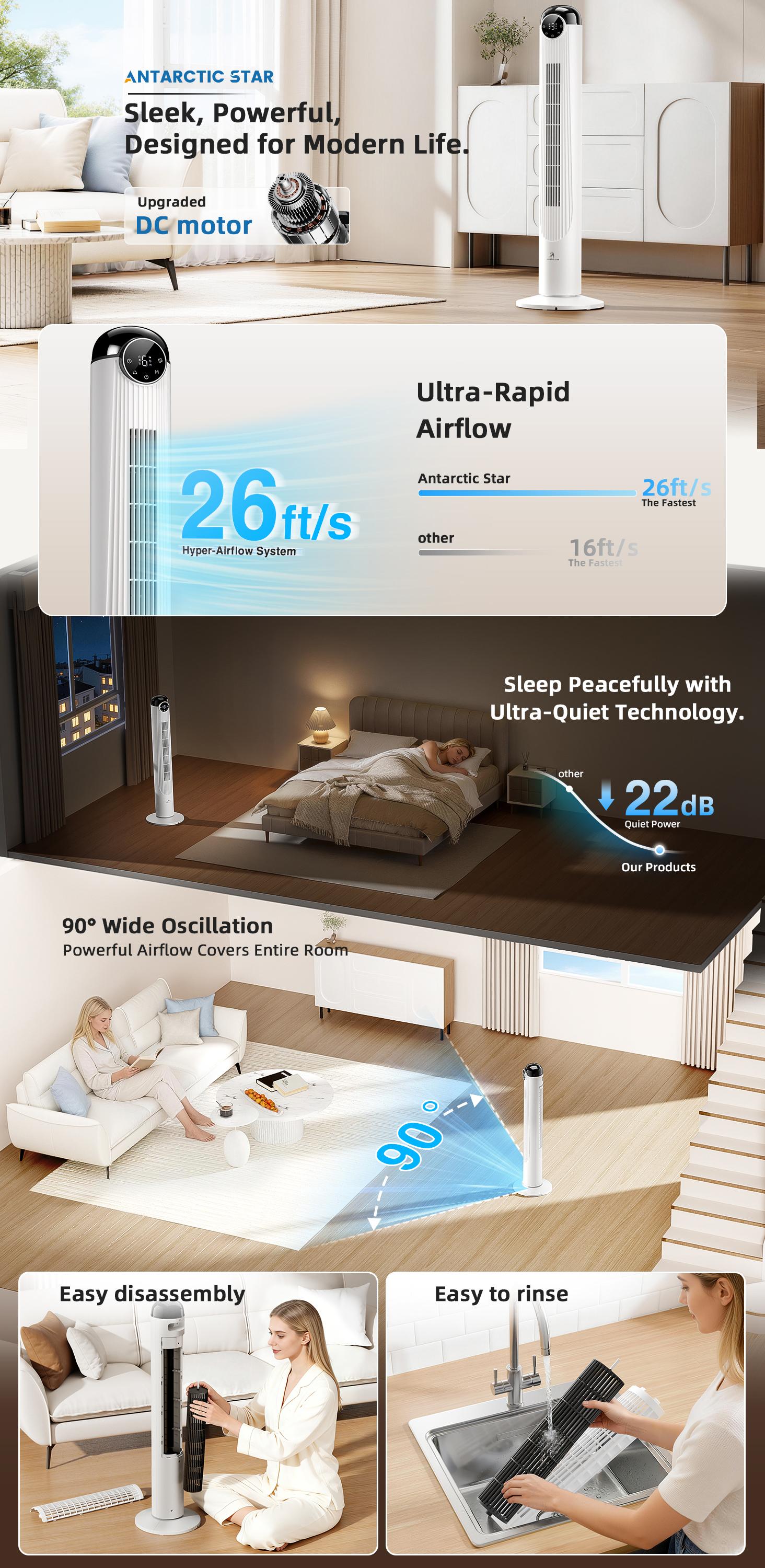 【NOT AC】Antarctic Star Tower Fan for Bedroom, Oscillation Fan with Remote Control, 12H Timer & 85° Oscillation, Quiet Standing Cooling Fan for Home Office, 43inch, White