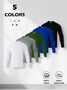 5 Men's Solid-color Fitness Long-sleeve T-shirts, Breathable Round Collars, Outdoor Moisture-wicking Running Casual Fitness Sportswear, Lightweight Breathable Moisture-absorbing And Sweat-wicking Tight-fitting Shirts, Suitable For Year-round Wear