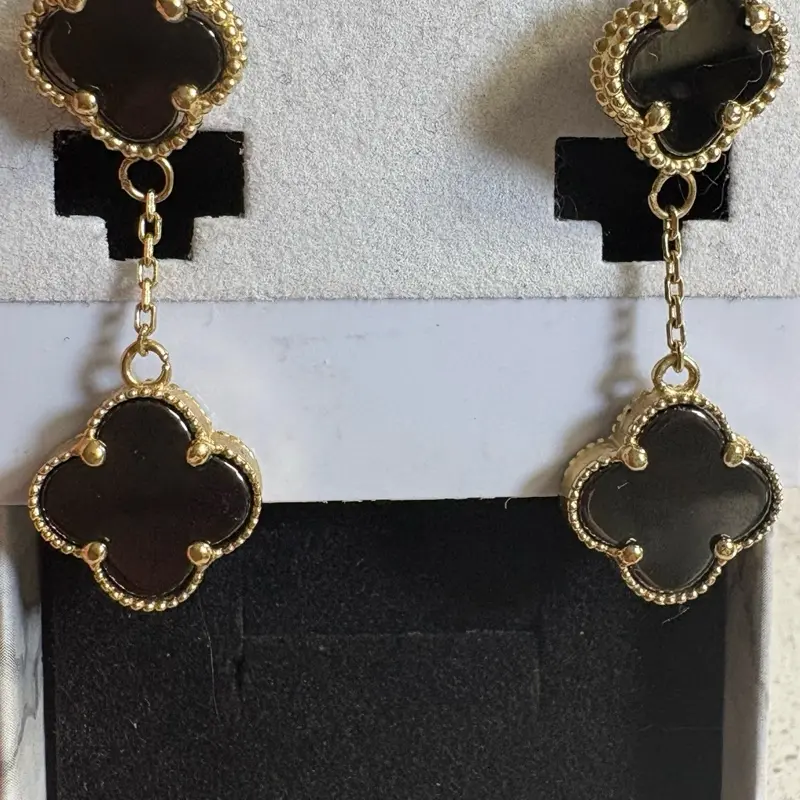 Elegant 14k Gold-Black Enamel Flower Earrings for Women's Fashion