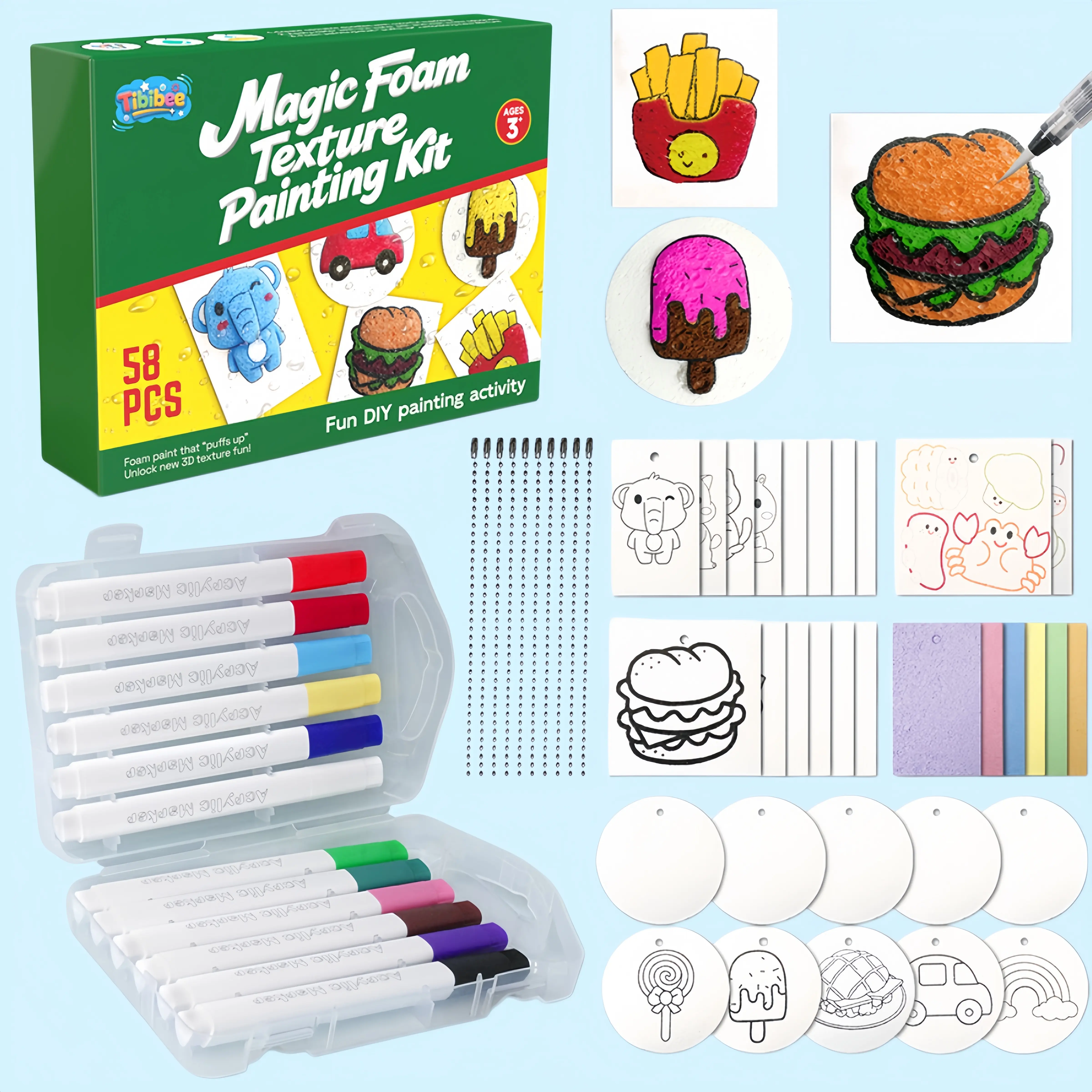 [SummerFinds]Tibibee 58 Pcs Magic Foam Texture Painting Kit, Magic Puffy Paint Kit–32 Pcs Foam Texture Paper, 12 Acrylic Markers, Magical 3D Effect Texture DIY Painting Set, Great Gifts for Kids Ages 3–8,summervibes summerwins