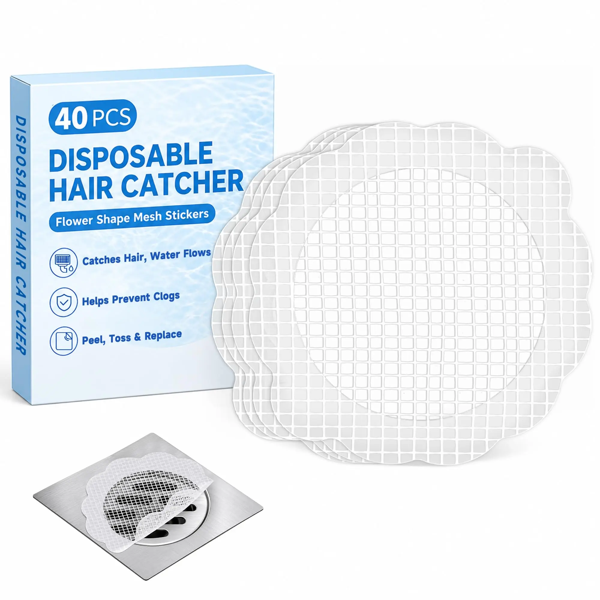 40 Pack Disposable Shower Drain Hair Catchers, Flower Mesh Stickers with Strong Waterproof Adhesive for Shower & Bathroom Drain Clog Prevention sohochic