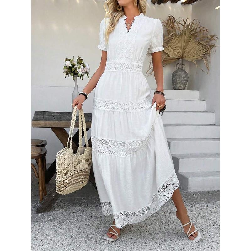 Women's Solid Color and V-neck Short-Sleeved Lace Skirt Dress White Dress for Summer 2025 Elegant Fabric Embroidery Fit High Waist Womenswear
