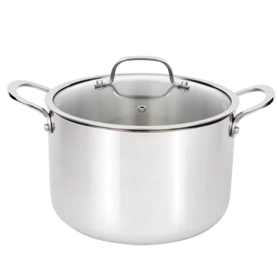 8-Qt Tri-Ply Stainless Steel Stock Pot Cookware with Handles, Glass Lid, Induction-Safe, Oven-Safe Kitchen Pot for Family Meals