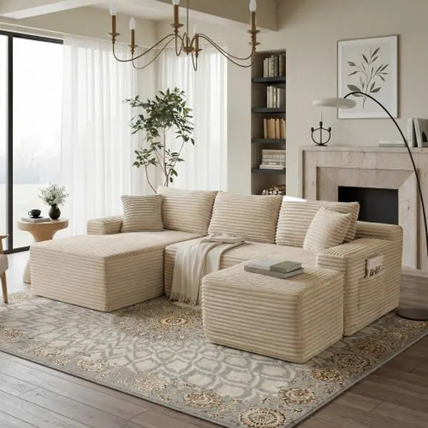 Niccae Small-Scale U-Shaped Compact Modular Sectional Sofa — Textured Corduroy Fabric, Modern Minimalist Style, Ultimate Comfort, Space-Saving, No Assembly Required, Convertible to Bed, Living Room Sofa, Couch For Living Room, Living Room Couch