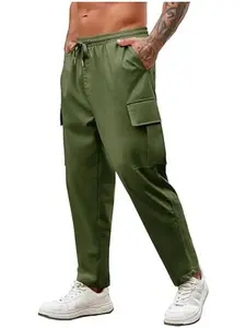 COOFANDY Men's Pants Cargo Pants Relaxed Fit Casual Linen Pants Drawstring Sweatpants with 6 Pockets