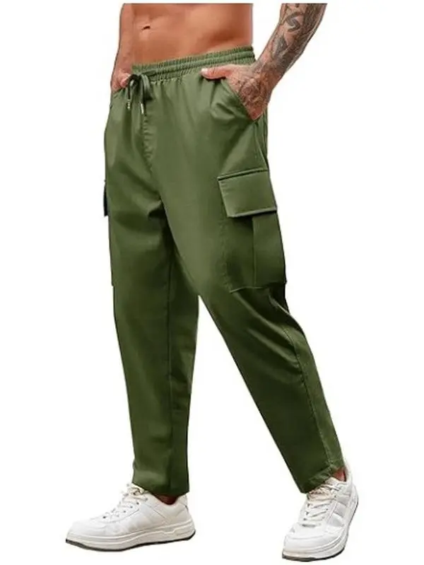 COOFANDY Men's Pants Cargo Pants Relaxed Fit Casual Linen Pants Drawstring Sweatpants with 6 Pockets