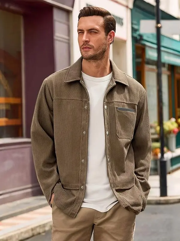 Men's Vintage Corduroy Button-Front Trucker Jacket - Lapel Collar, Functional Patch Pockets, Relaxed Fit Lightweight Shacket Outerwear for Casual Layering & Street Fashion