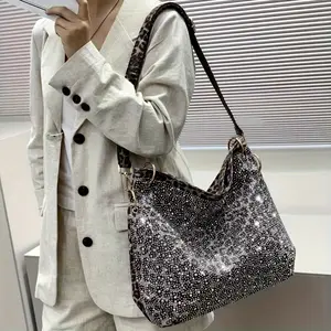 Sparkling Rhinestones Tote Bag for Women, Leopard Print, Detachable Strap, Zipper Closure, Polyester, Day to Night, Work Commute, Weekend Getaway