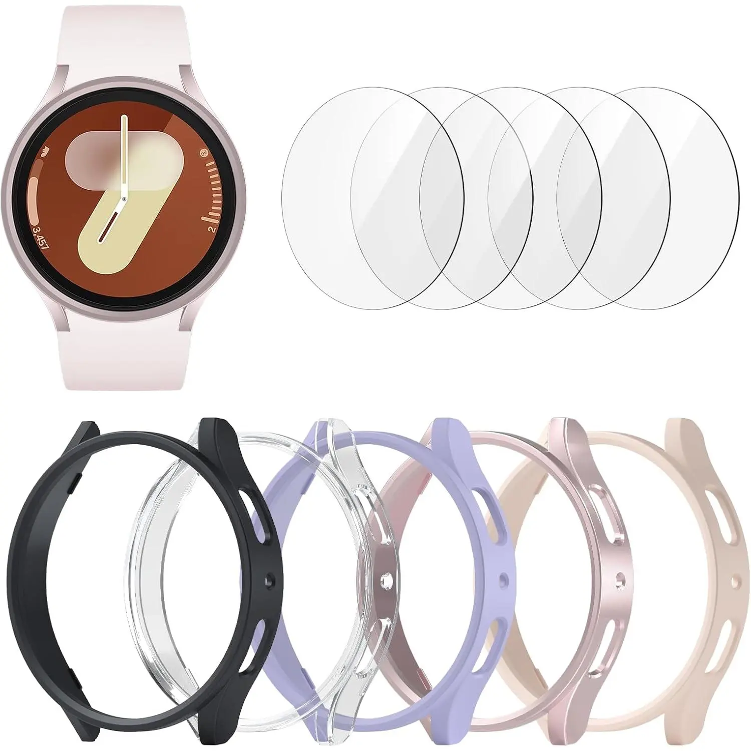 [5+5 Pack] Protective Wearable Accessories for Samsung Galaxy Watch 7 40mm - Waterproof PC Bumper Cover, Ultra-Thin Tempered Glass Shockproof Screen Protectors & Foils, Easy-Remove All-Round Fit Guard for Men, Aftermarket Screen Protectors & Foils, Edge G