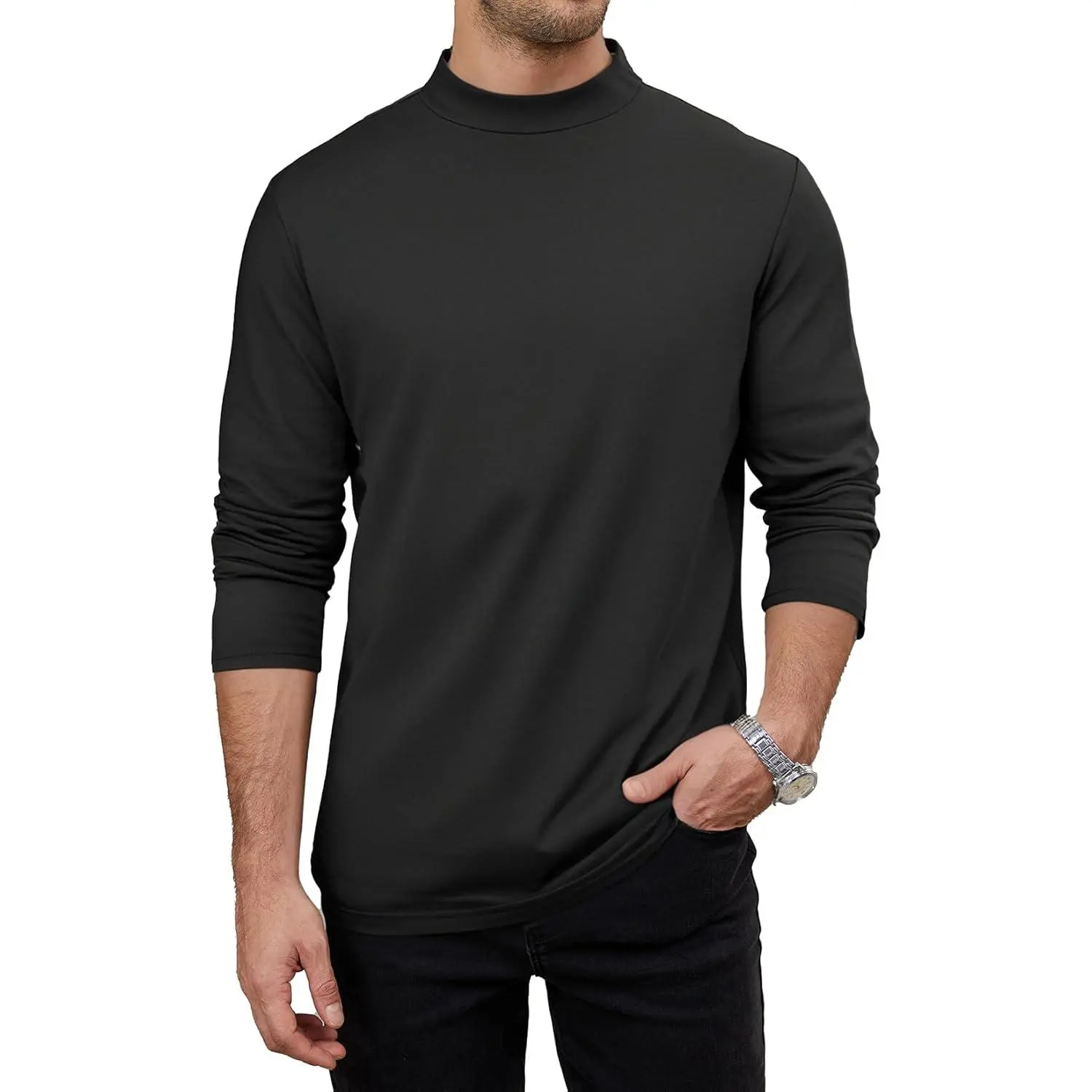 Men's Casual Cotton Mock Turtleneck Long Sleeve T-Shirts Solid Pullover Basic Lightweight Tee Tops