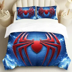 3PCS Duvet Cover Set, 1 Duvet+2 Pillowcases(Without filler), Spider Hero Blue Red Lightning theme, Christmas bedding set, superhero logo vibrant colors Suitable for decoration bedroom, dormitory, guest room, living room.