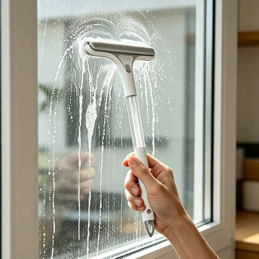 4-in-1 Household Silicone Squeegee Scrubber Combo - Window Cleaner Tool with Blade, Built-in Scrub Pad Squeegees for Glass Doors, Mirrors