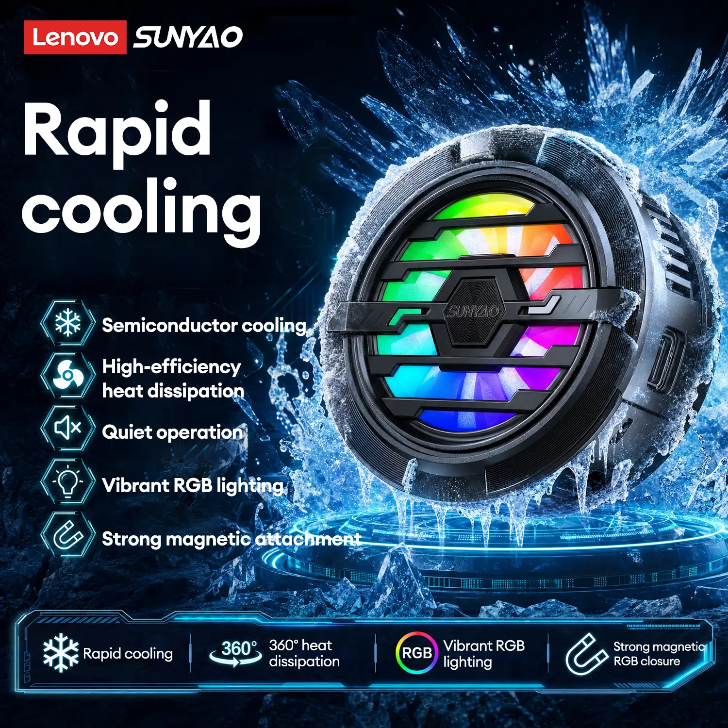 Lenovo SUNYAO SR001 Magnetic Gaming Phone Cooler, 6.8N Strong Magnetic Hold, Semiconductor Cooling Technology, RGB Lighting, Rapid Heat Dissipation, Lightweight Portable Cooling Fan for Mobile Gaming